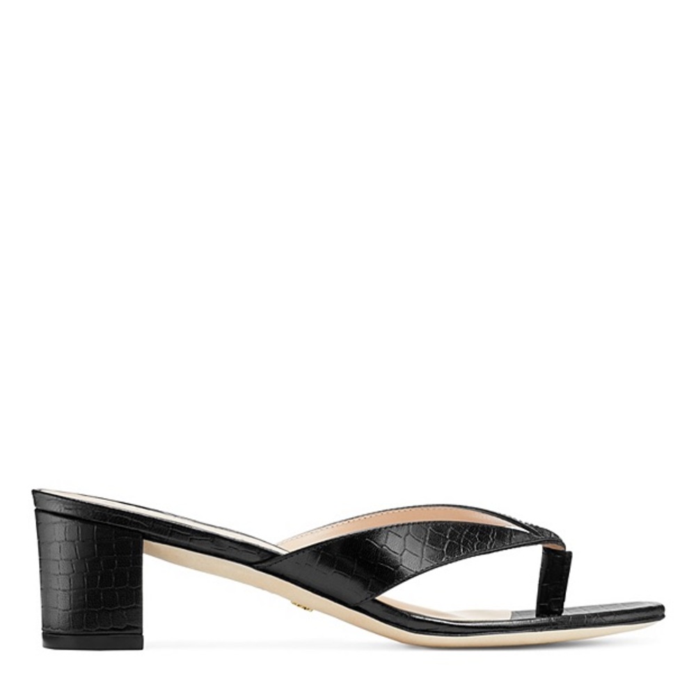 Stuart Weitzman Brigida Black Croc Thong Slip Heeled Sandals - Picture 2 of 2